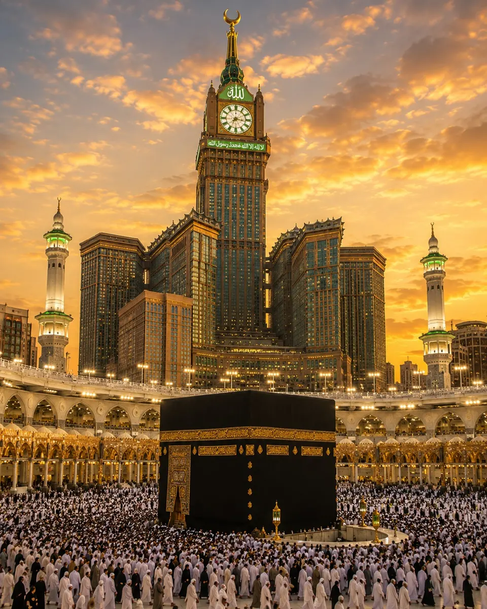 La Kaaba et la Clock Tower au coucher du soleil